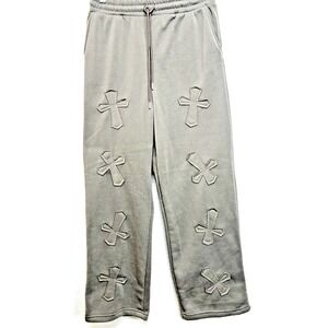 SugarKiss Wide Leg High Rise Sunday Sweatpants Y2K Cross Appliqué‎ Grey Chrome L